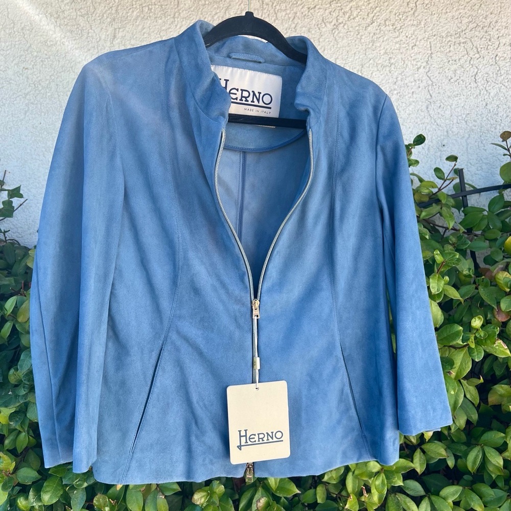 Herno Suede Leather Jacket NWT Full Zip Slate Blue Womens Size 44 US Medium